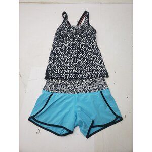 Lululemon Top Women's 4 Black White Crossback Mesh Net Top With Run Times Shorts